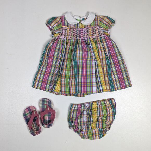 Ralph Lauren Rainbow Plaid Smocked Dress Baby Girls Sz 6m Pink Preppy Classic - Picture 1 of 7